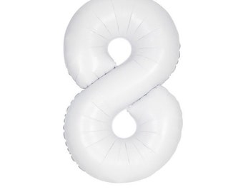 May include: A large, white number eight balloon, inflated and ready for a celebration. The balloon is made of a shiny, reflective material and has a classic, rounded shape. Perfect for birthdays, anniversaries, or any special event.