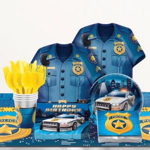 May include: A collection of police-themed party supplies. Includes blue police uniform shirts, plates, napkins, cups with yellow utensils, and a table runner. The designs feature police badges and police cars with the text "HAPPY BIRTHDAY".