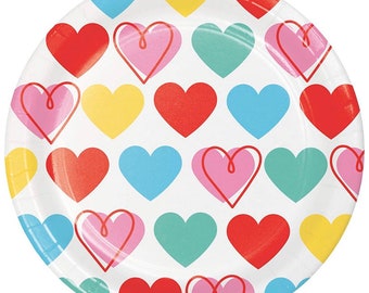 CLOSEOUT!! 50% OFF Colorful Hearts Dessert Plates, Set of 8, Candy Heart Plates, Valentine Party Decor