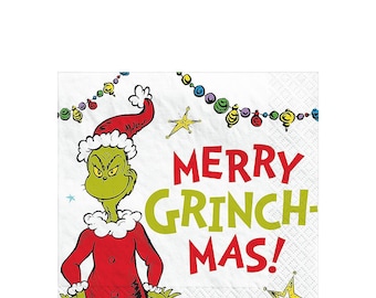 Christmas Grinch Beverage Napkins, Set of 16, Dr. Seuss Grinch Party, Merry Whatever