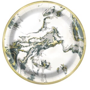 CLOSEOUT!! 50% OFF Modern Christmas Dark Green, Gold Foil, and White Marble Dinner Plates, Set of 10