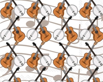 Country Song Music Beverage Napkins, Set of 20, Guitar and Banjo Birthday