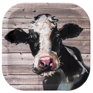 Barnwood Cow Square Dinner Plates, Farm Party, Set of 8 Plates