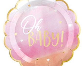 Oh Baby! Baby Shower Pink Dinner Plates, Set of 8, Gender Reveal Party Decor