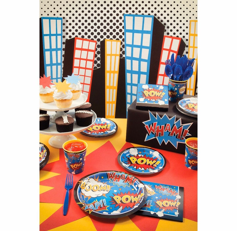 Superhero Party Superhero Decor Set of 8 Superhero Slogans Dessert Plates Superhero Themed Birthday Party