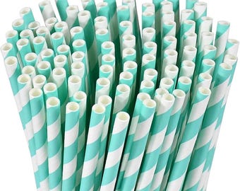Teal Striped Paper Straws, Pack of 24,Birthday Party Straws