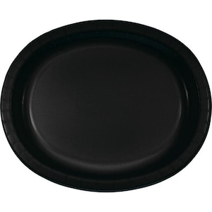 May include: A black oval paper plate. The plate has a smooth, dark surface and a slightly raised, textured rim. The plate is designed for serving food.