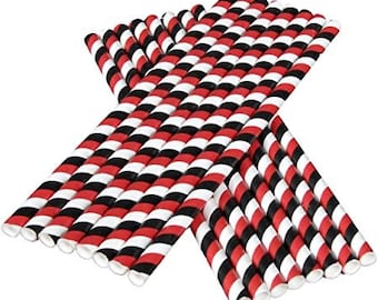 Red, Black, and White Striped Paper Straws, Set of 16, Football Party