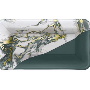 May include: Rectangular tray with a marble design. The tray features a white background with gray and gold veining, and a dark teal section on the bottom right. The tray has rounded corners and a slightly raised edge.