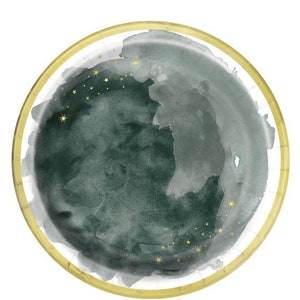 May include: Round paper plate with a watercolor design of a dark gray moon and gold stars. The plate has a gold rim and the word "unique" printed on the bottom.