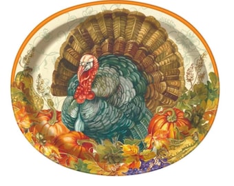 Traditional Thanksgiving Turkey 12” Oval Dinner Plates, Harvest Plates, Fall Party, Autumn Plates, Thanksgiving Table, Set of 8 plates