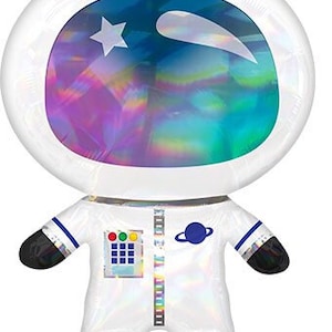 May include: A white astronaut-shaped balloon with a holographic visor. The astronaut suit has a colorful control panel, a planet emblem, and black boots. The balloon is designed for space-themed parties.