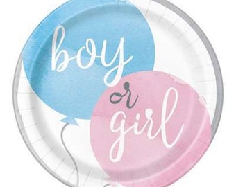May include: Round paper plate with a blue balloon that says "boy" and a pink balloon that says "or girl". The plate has a white background with a gray border and balloon string details.