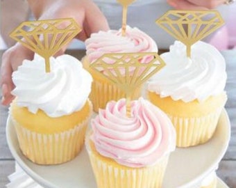 Gold Diamond Cupcake Toppers, Set of 5, Engagement Party Picks