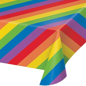 Rainbow Stripes Plastic Table Cover, 54”x 108”, Rainbow Party Theme, 1 Per Package