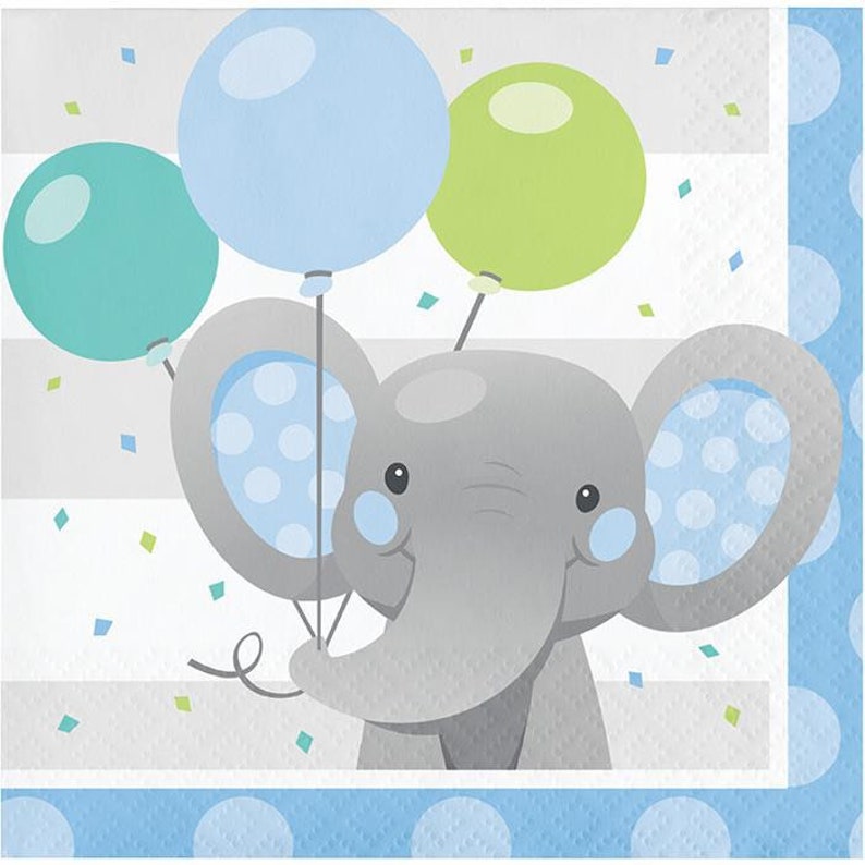 Elephant Blue Beverage Napkins Set of 16 Elephant Themed Party Elephant Baby Shower