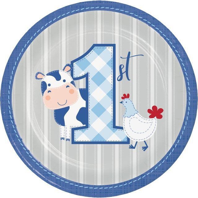 CLOSEOUT 50 OFF Farm 1st Birthday Party 7 Dessert Plates Set of 8 Barnyard Party Red and Blue Farmhouse Party