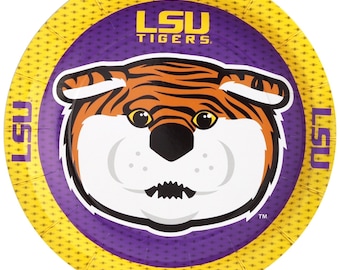 LSU Paper Dessert Plates, Set of 8, LSU Football Party, Louisiana State University, Mike the Tiger