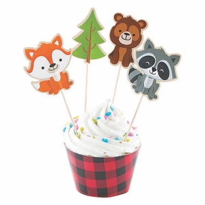 CLOSEOUT!! 50% OFF Woodland Animal Cupcake Toppers and Buffalo Plaid Cupcake Wrapper Set, Lumberjack Party, Set of 12