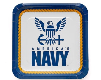 May include: Square paper plate with a navy blue border and a gold rope design. The center features the words "America's Navy" in navy blue, along with an eagle and anchor emblem.