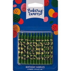 May include: A package of 12 green birthday candles with a camouflage pattern. The candles are 2.25 inches (5.7 cm) tall and are packaged in a blue plastic container. The package has the "Bakery Crafts" logo.