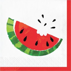 May include: White square paper napkin with a red border. The napkin features a colorful illustration of a watermelon slice with a bite taken out of it. The watermelon is red with black seeds and a green rind.