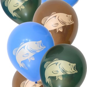 12" Latex Bass Balloons, 2 Brown, 2 Green and 2 Blue Balloons, Retirement Party, Boy Baby Shower,Fishing Party