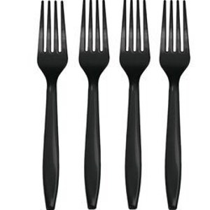 May include: Four black plastic forks with long, slender handles and four tines each. The forks are arranged in a row against a white background, showcasing their simple, modern design. Ideal for picnics or casual dining.