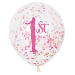 CLOSEOUT!! 50% OFF Pink & Gold First Birthday Clear Latex Balloons with Confetti 12&quot;, Set of 6