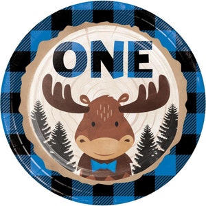 CLOSEOUT!! 50% OFF Blue and Black Buffalo Plaid Moose “ONE” 7” Dessert Paper Plates, 8 Per Package