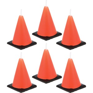 May include: Six orange traffic cone-shaped candles with white wicks. Each candle sits on a black square base. The candles are arranged in a grid pattern against a white background.