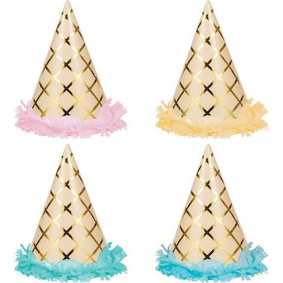 Gold Foil Fringed Ice Cream Party Hats 