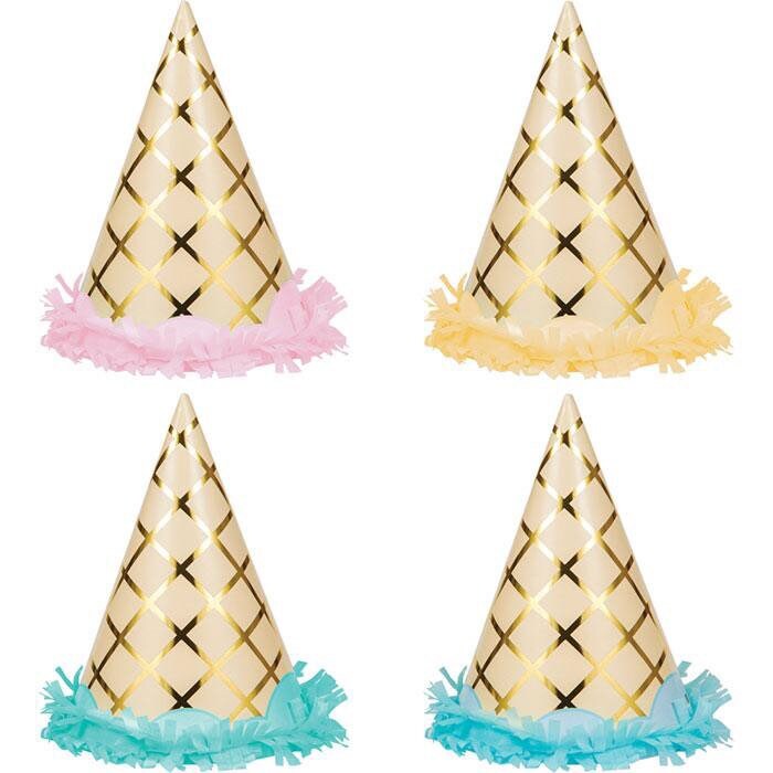 Gold Foil Fringed Ice Cream Party Hats 