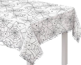 Spider Web Night Clear Tablecover 54” x 108” White and Black 1 Pc., Halloween Party