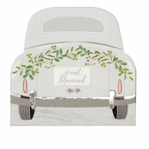 Just Married Car Shaped Wedding or Bridal Shower Luncheon Napkins, Set of 16, Botanical Bride, Eucalyptus Greens Bridal Theme