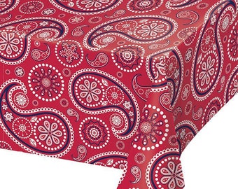 Red Paisley Bandana Print Plastic Tablecover, 54”x 108”, Wild West Party, Farm Party, Cowboy or Cowgirl Birthday