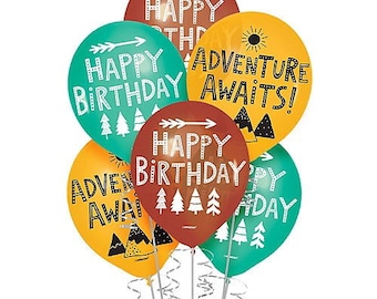 Adventure Awaits Happy Birthday Wilderness Balloon Bouquet, Set of 6, Wild One Party, Woodland Birthday