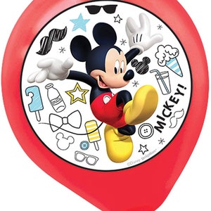 May include: A red balloon featuring Mickey Mouse in a dynamic pose, surrounded by cartoon icons. The central image showcases Mickey in his classic outfit, with the word "MICKEY!" in white. The balloon is a festive party decoration.