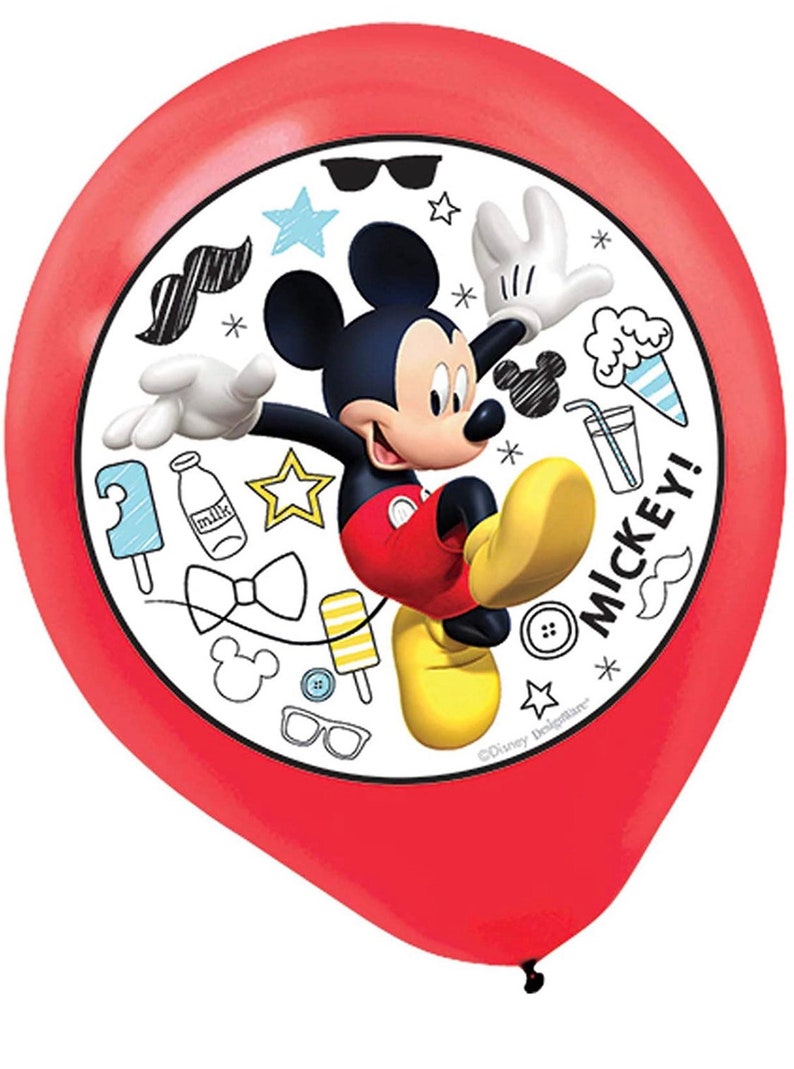 May include: A red balloon featuring Mickey Mouse in a dynamic pose, surrounded by cartoon icons. The central image showcases Mickey in his classic outfit, with the word "MICKEY!" in white. The balloon is a festive party decoration.