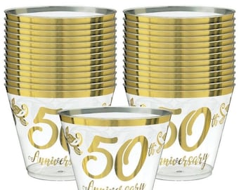 50th Anniversary 9 oz Plastic Cups, Set of 30, 50th Anniversary Party, Golden Anniversary Decor