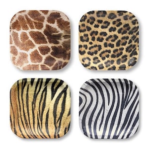 Jungle Safari 9” Dinner Plates, Mixed Design, Tiger-Leopard-Giraffe-Zebra, 8 Pack