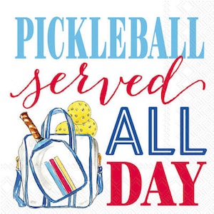 Pickleball Served All Day Beverage Napkins, Set of 20, Pickleball Party Theme