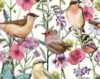 Birds in Spring Cocktail Napkins, Set of 20, Butterfly and Bird Napkins