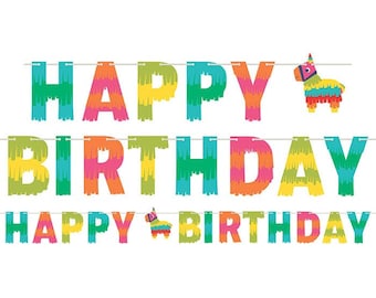 Fiesta Fun Happy Birthday Banner With Twine,  96”x 6”, Taco Party, Taco Theme