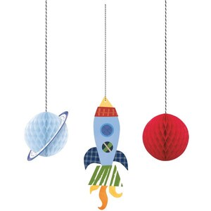 May include: Three hanging space-themed decorations. A light blue honeycomb paper planet with a ring, a blue rocket with plaid wings and orange flames, and a red honeycomb paper ball. All are suspended by black and white string.