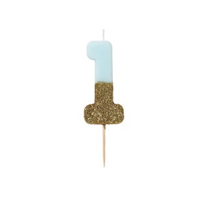 Pastel Blue and Gold Glitter Dipped 1 Candle, Birthday Candle