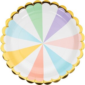 May include: A round paper plate with a scalloped gold edge. The plate is divided into pastel colored sections of pink, yellow, blue, green, and purple, alternating with white sections. The design radiates from the center.