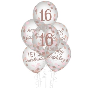 Sweet 16 Rose Gold 12” Latex and Confetti Balloons, Set of 6, Sweet Sixteen Party Decor