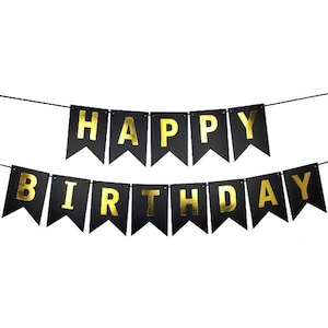 Happy Birthday Banner, Black and Gold Foil Banner