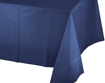 May include: A navy blue rectangular tablecloth. The tablecloth is made of a smooth, opaque material and is folded over a table. The edges of the tablecloth are crisp and clean, creating a neat and tidy appearance. The tablecloth is suitable for various events.